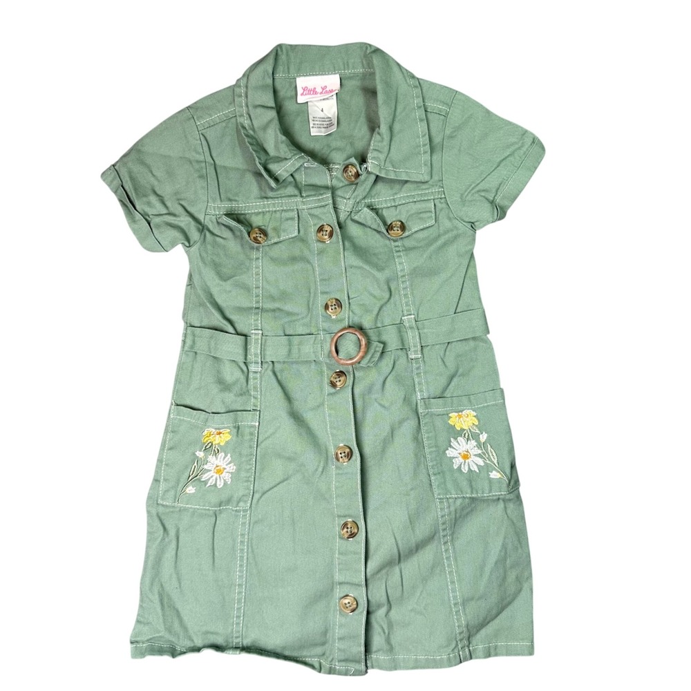 Little Lass Girls Floral Utility Belted Dress Size 4 Sage Green Cotton Twill